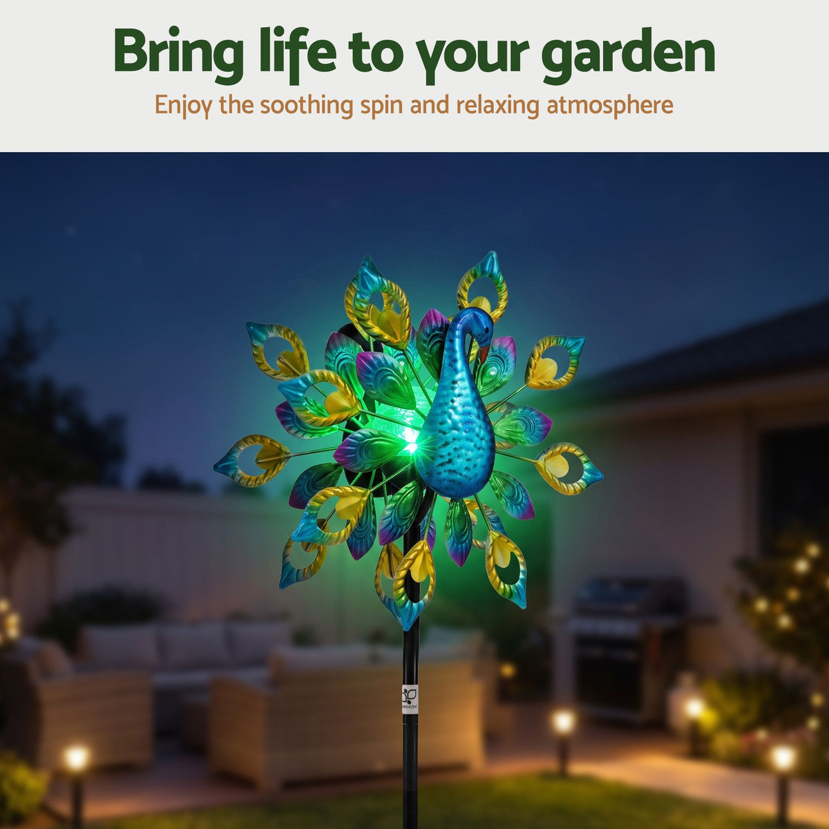 Gardeon Garden Windmill Solar Light Colorful Peacock Metal Spinner 190cm-Home & Garden > Decor > Garden Ornaments-PEROZ Accessories