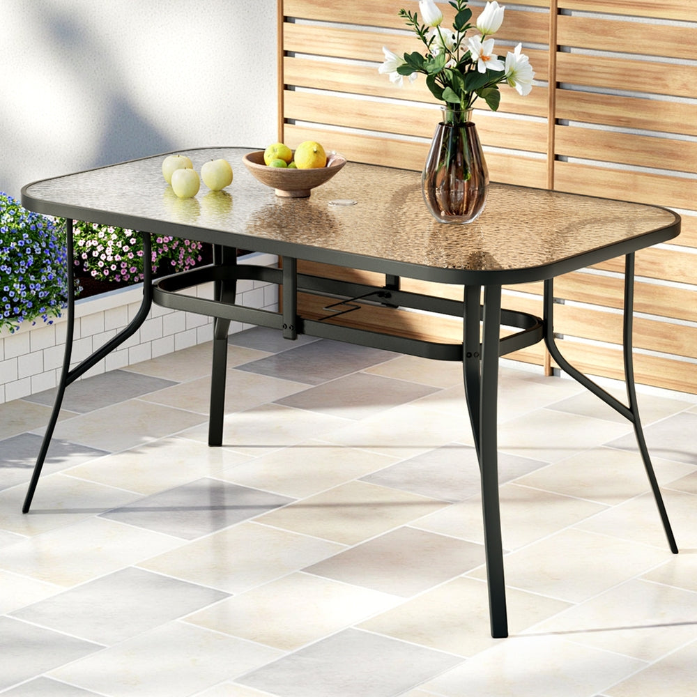 Gardeon 140CM Outdoor Dining Table Steel Frame Tempered Glass Parasol Hole Black-Furniture > Outdoor > Outdoor Tables-PEROZ Accessories