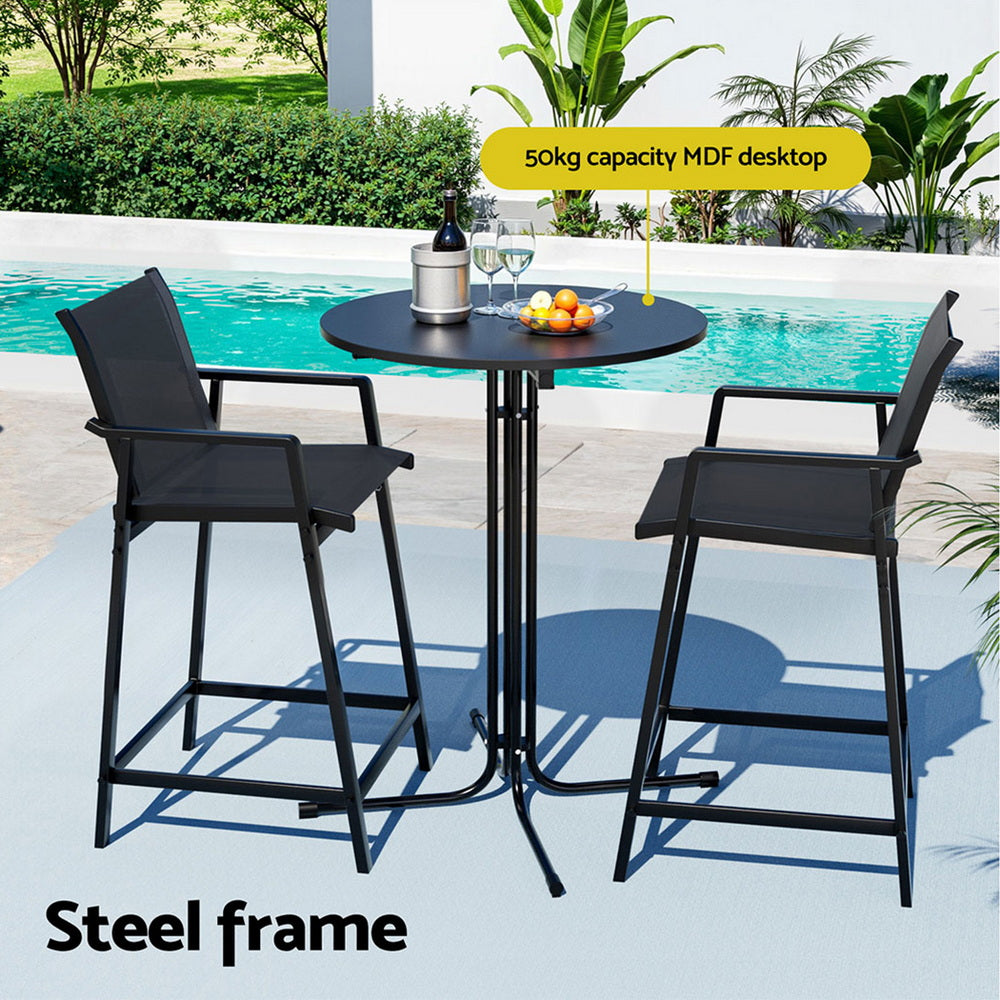 Gardeon 3PC Outdoor Bar Set Stools Dining Chairs Table Patio Furniture Bistro Set Steel Black-Furniture > Outdoor > Outdoor Dining Sets-PEROZ Accessories