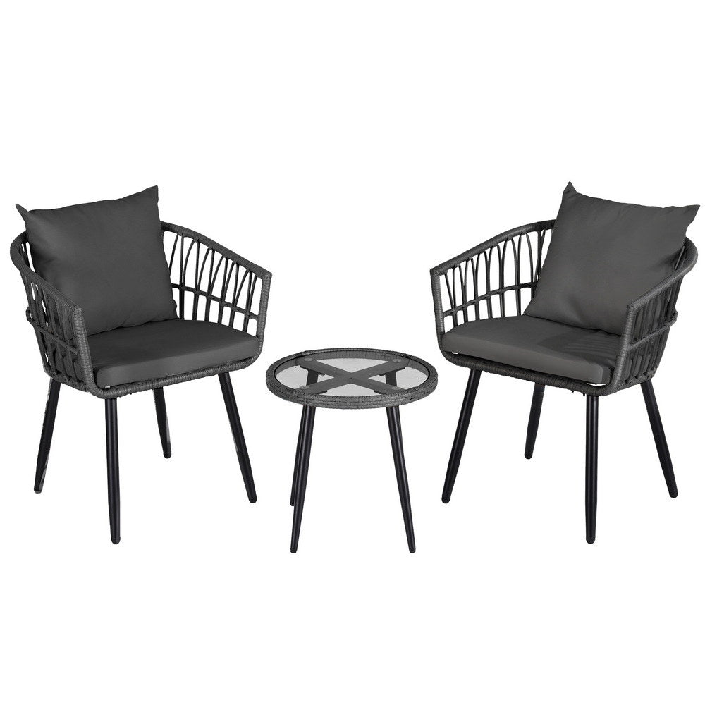 Gardeon 3PC Outdoor Bistro Set Patio Furniture Lounge Setting Table and Chairs Grey-Furniture > Outdoor > Outdoor Sofas & Lounge Sets-PEROZ Accessories
