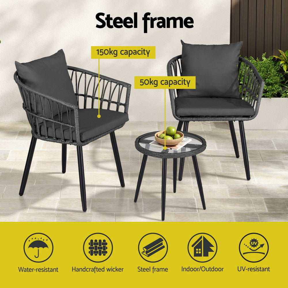 Gardeon 3PC Outdoor Bistro Set Patio Furniture Lounge Setting Table and Chairs Grey-Furniture > Outdoor > Outdoor Sofas & Lounge Sets-PEROZ Accessories