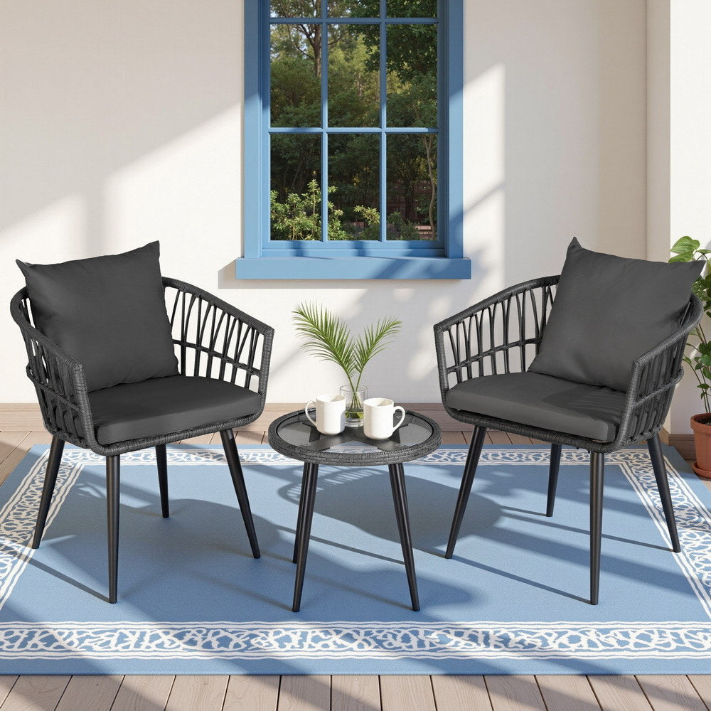 Gardeon 3PC Outdoor Bistro Set Patio Furniture Lounge Setting Table and Chairs Grey-Furniture > Outdoor > Outdoor Sofas & Lounge Sets-PEROZ Accessories