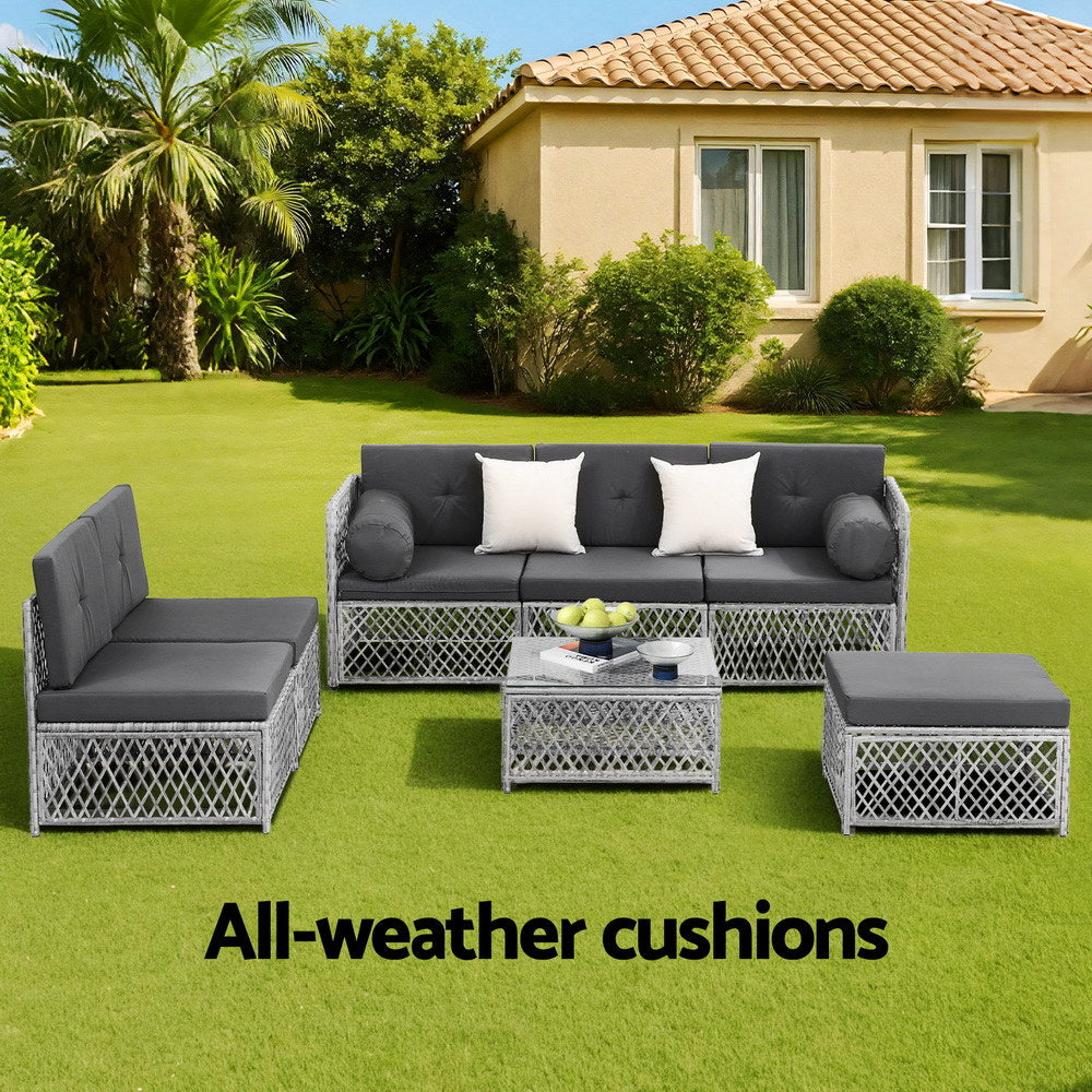 Gardeon 6 Seater Outdoor Sofa Set 7PCS Table Chair Set Garden Rattan Patio Furniture-Furniture > Outdoor > Outdoor Sofas & Lounge Sets-PEROZ Accessories