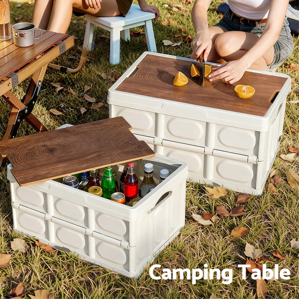 Gardeon Collapsible Outdoor Storage Box 50L Stackable Folding Camping Organizer Plywood Lid Beige-Home & Garden > Storage > Storage Boxes-PEROZ Accessories