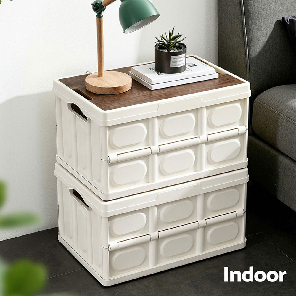 Gardeon Collapsible Outdoor Storage Box 50L Stackable Folding Camping Organizer Plywood Lid Beige-Home & Garden > Storage > Storage Boxes-PEROZ Accessories