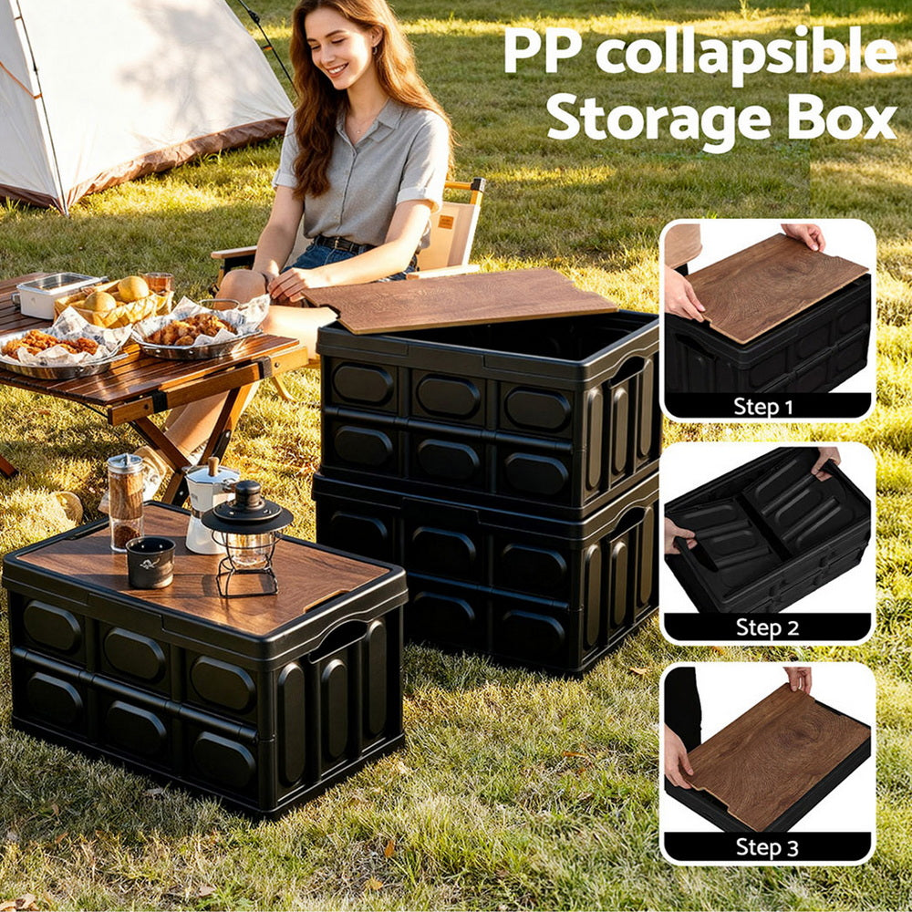 Gardeon Collapsible Outdoor Storage Box 50L Stackable Folding Camping Organizer Plywood Lid Black-Home & Garden > Storage > Storage Boxes-PEROZ Accessories