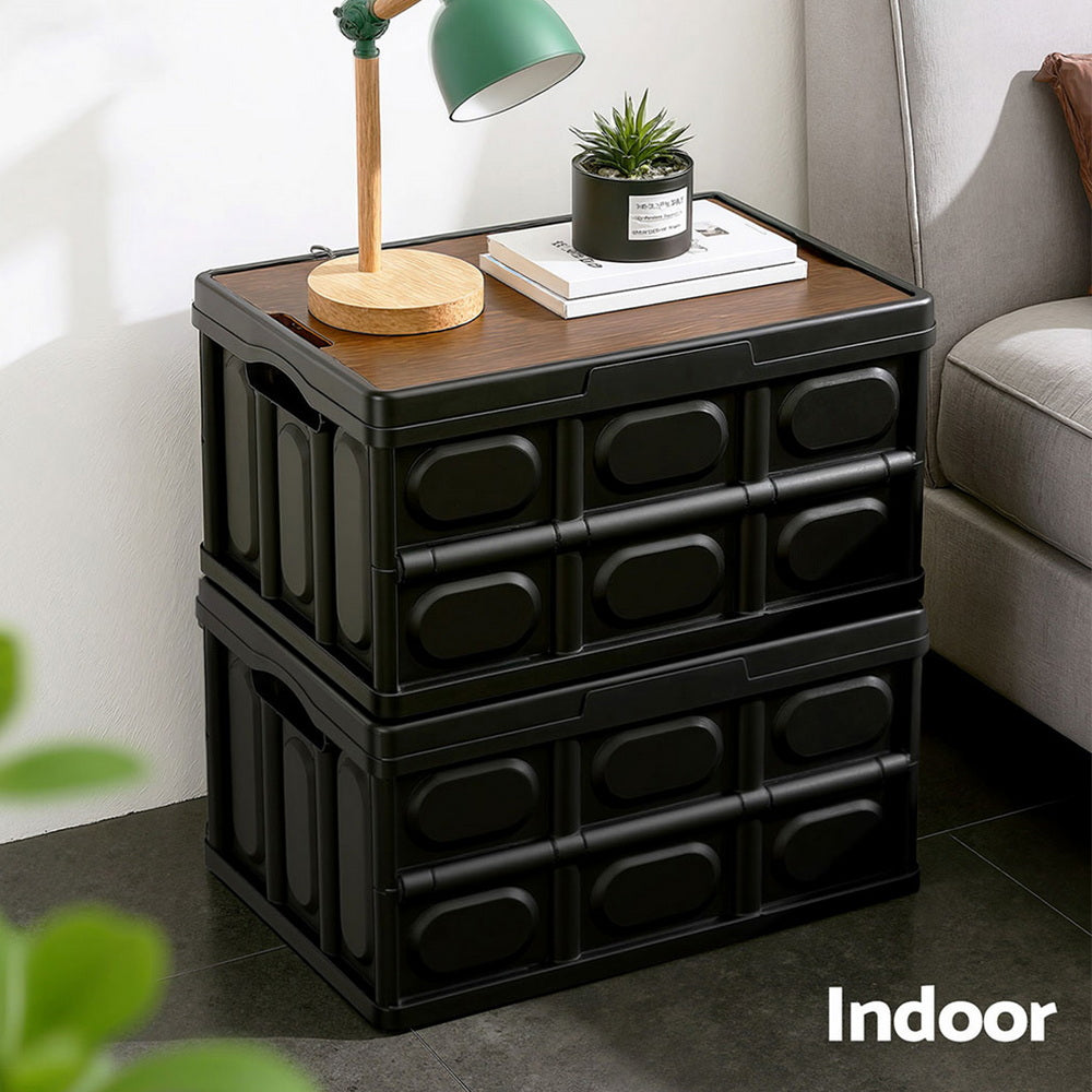 Gardeon Collapsible Outdoor Storage Box 50L Stackable Folding Camping Organizer Plywood Lid Black-Home & Garden > Storage > Storage Boxes-PEROZ Accessories