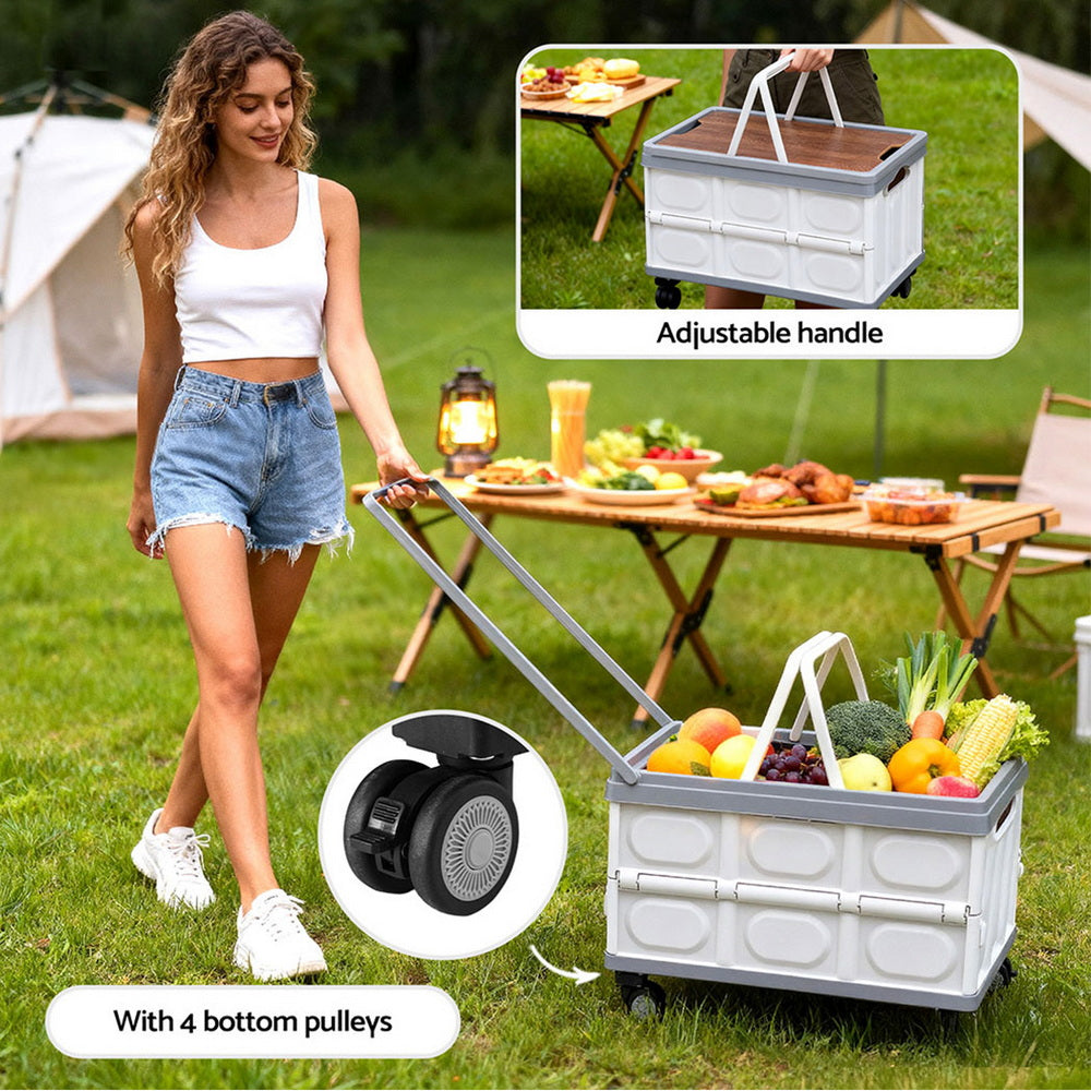 Gardeon Collapsible Outdoor Storage Box 54L Stackable Folding Camping Organizer Wheels Plywood Lid Beige-Home & Garden > Storage > Storage Boxes-PEROZ Accessories