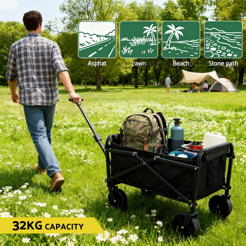 Gardeon Garden Cart Folding Trolley Camping Wagon Barrow Outdoor Beach Black-Home & Garden > Garden Tools > Spreaders & Wheelbarrows-PEROZ Accessories