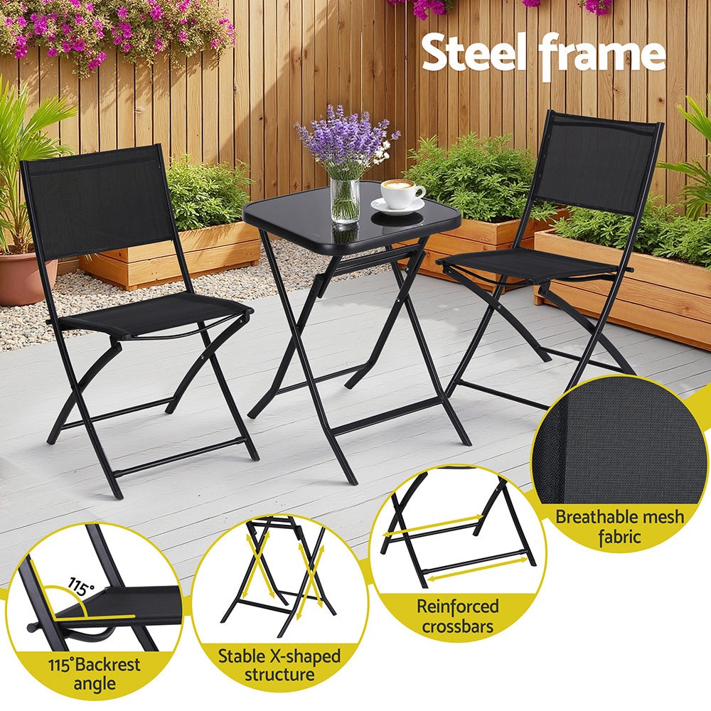 Gardeon Outdoor Bistro Set Folding Table and Chairs Patio Furniture Garden Steel Black-Furniture > Outdoor > Outdoor Sofas & Lounge Sets-PEROZ Accessories