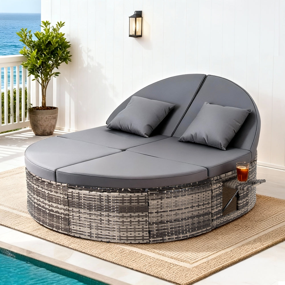 Gardeon Outdoor Day Bed Sun Lounge Setting Wicker Lounger Patio Furniture w/ Retractable Side Tray-Furniture > Outdoor > Outdoor Chairs-PEROZ Accessories