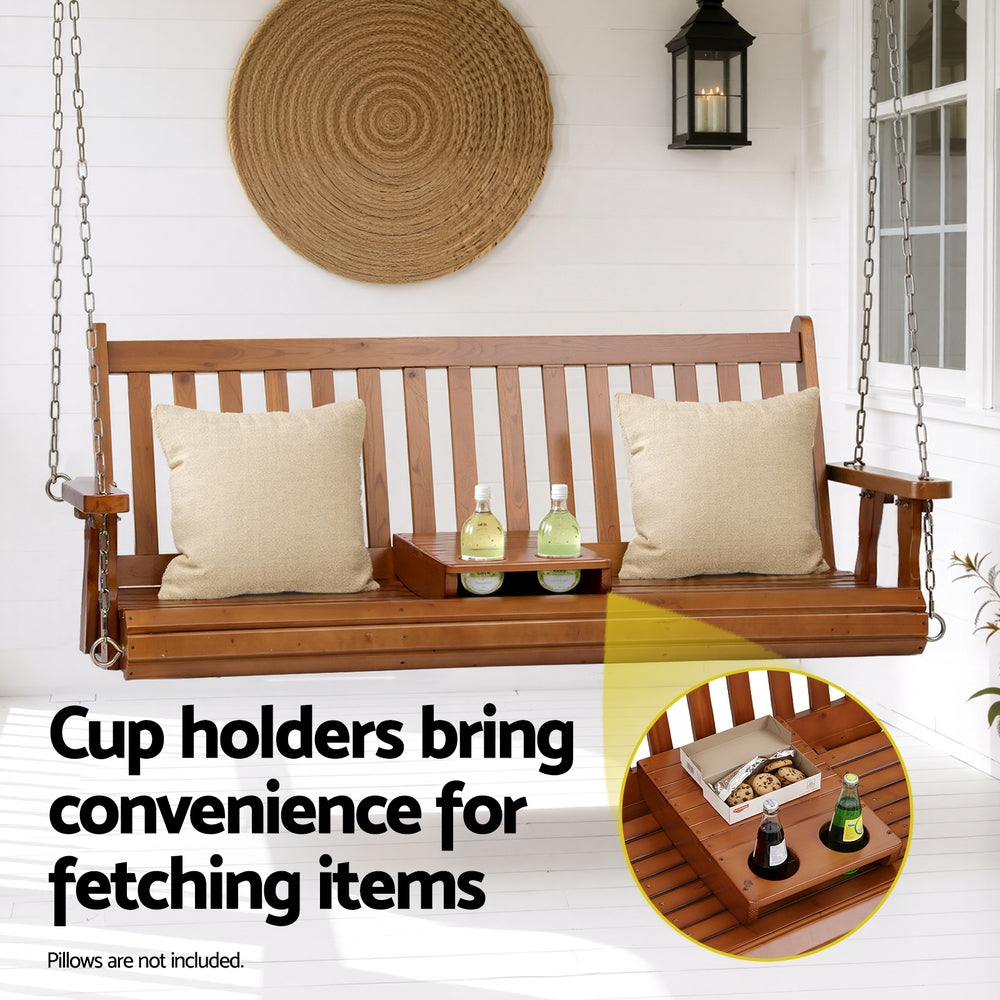Gardeon Porch Outdoor Swing Chair Patio Furniture Wooden Bench 2 Seat Cup Holder-Furniture > Outdoor > Outdoor Chairs-PEROZ Accessories