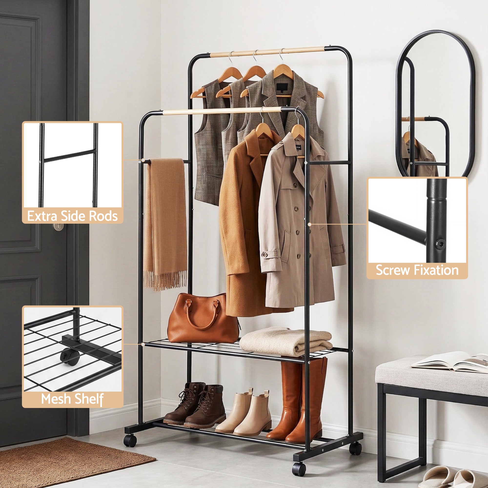 Artiss Clothes Rack Double Rod Airer Rail Coat Stand Hanger Storage Shelf-Furniture > Living Room > Coat Racks-PEROZ Accessories