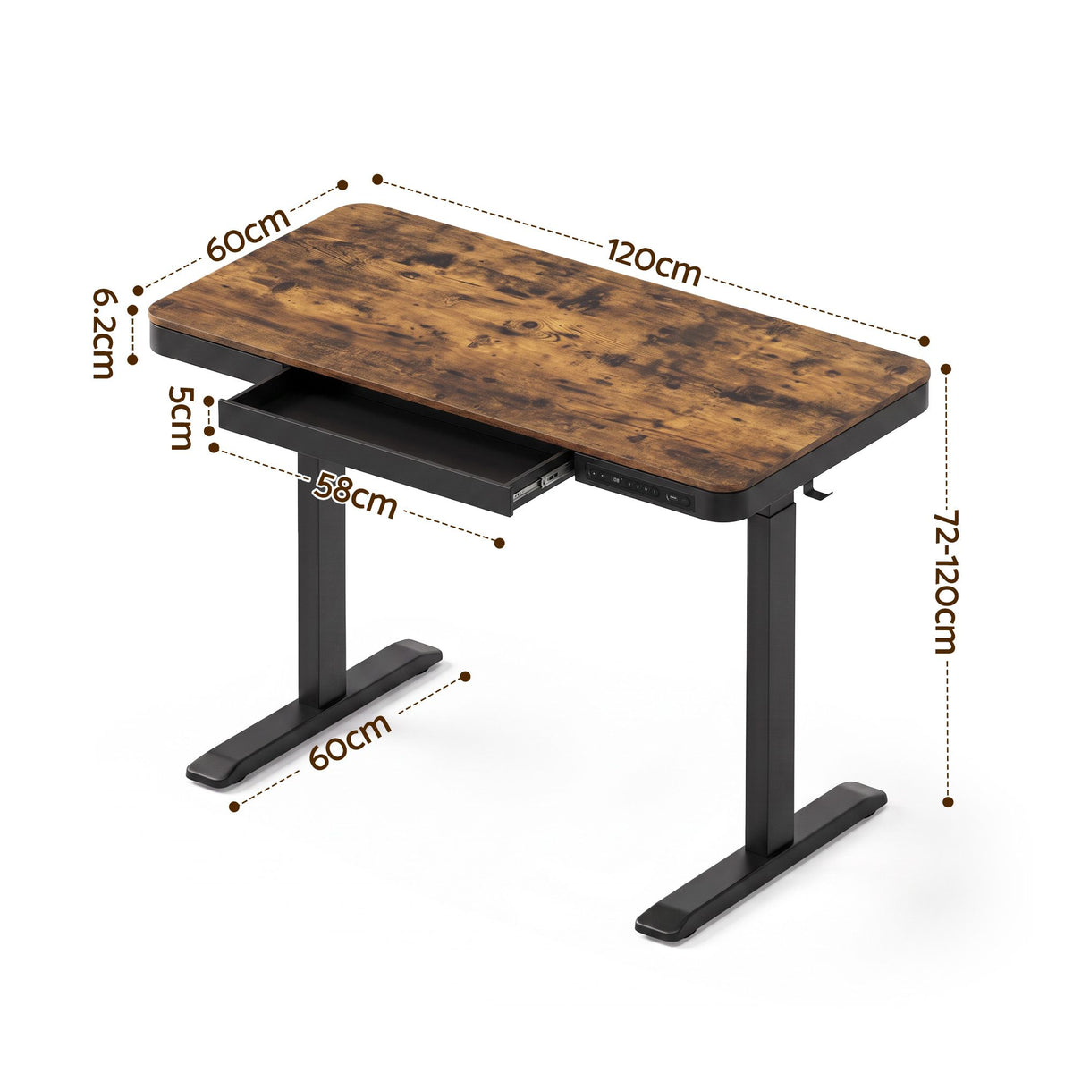 Artiss Motorised Standing Desk with Storage Drawer 120cm Rustic Brown-Furniture > Office > Desks-PEROZ Accessories