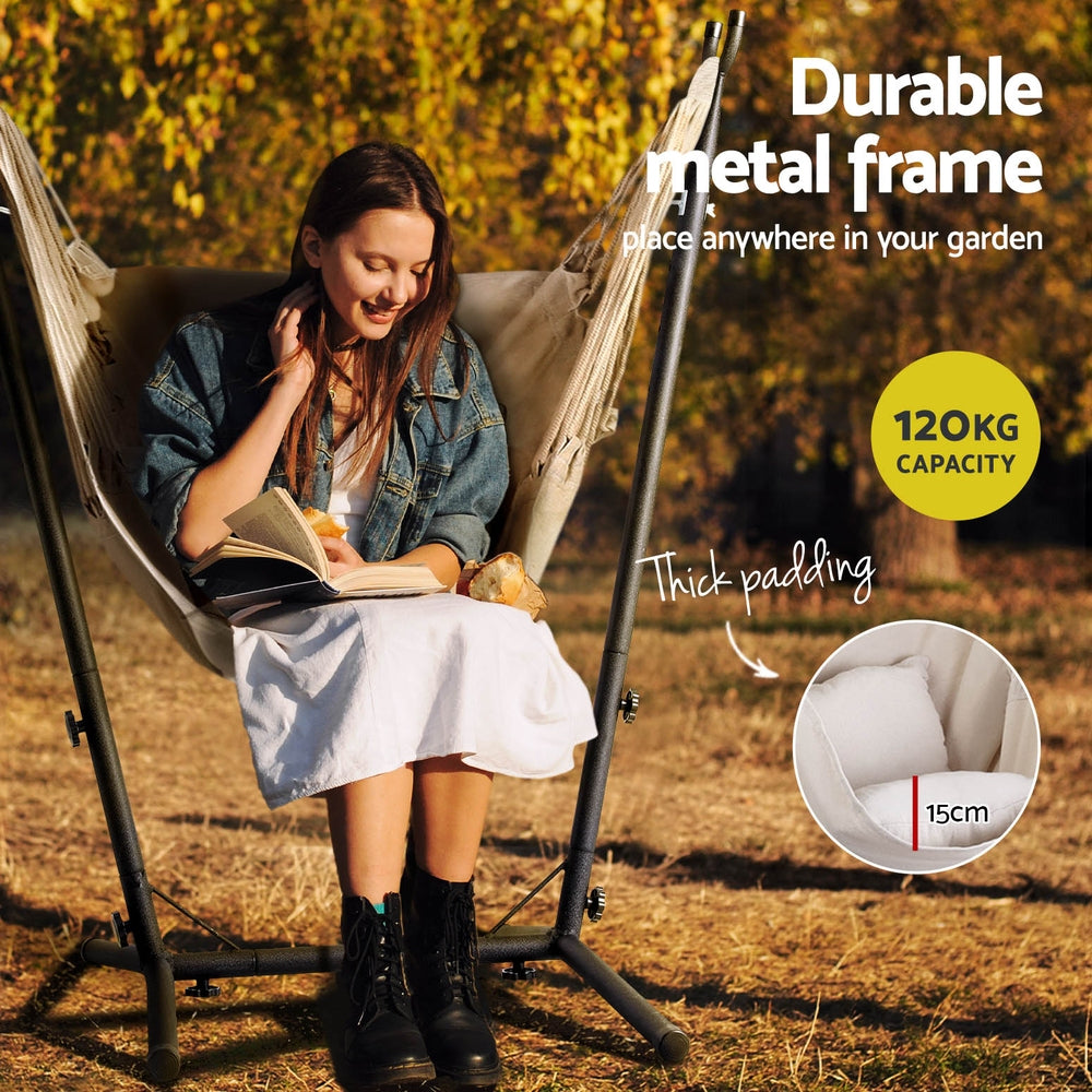 Gardeon Hammock Chair Outdoor Camping Hanging with Stand Cream-Home & Garden > Hammocks-PEROZ Accessories