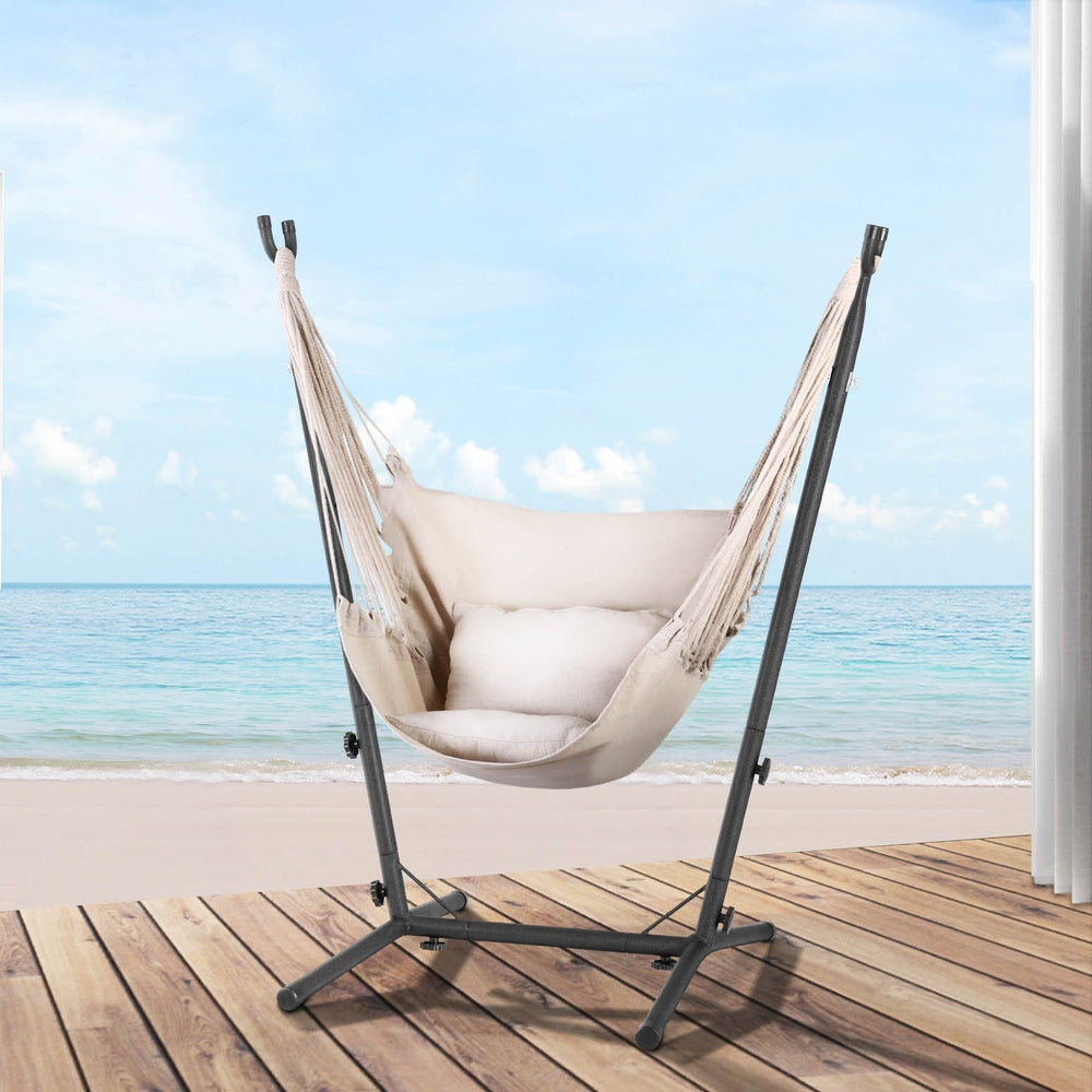 Gardeon Hammock Chair Outdoor Camping Hanging with Stand Cream-Home & Garden > Hammocks-PEROZ Accessories