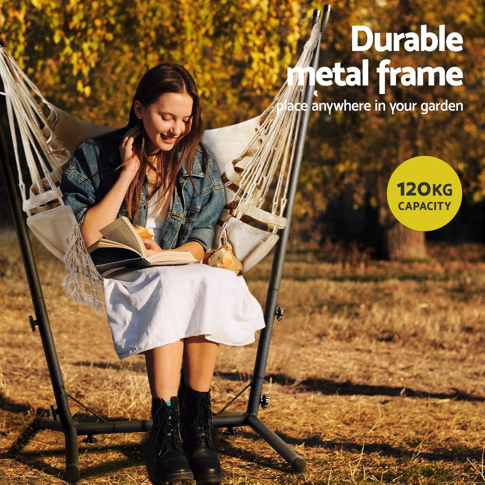 Gardeon Hammock Chair Outdoor Camping Hanging with Stand Cream-Home & Garden > Hammocks-PEROZ Accessories