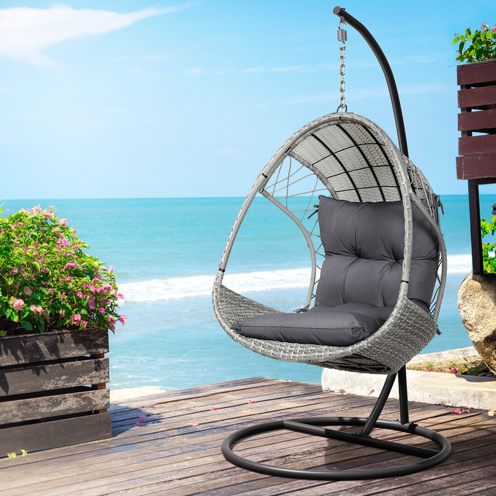 Gardeon Outdoor Egg Swing Chair Wicker Furniture Pod Stand Armrest Light Grey-Swing Chairs-PEROZ Accessories
