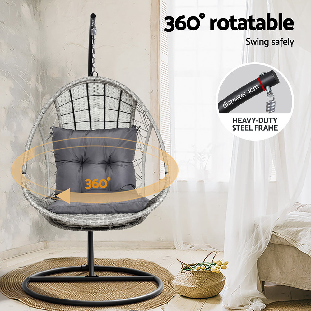 Gardeon Outdoor Egg Swing Chair Wicker Furniture Pod Stand Armrest Light Grey-Swing Chairs-PEROZ Accessories