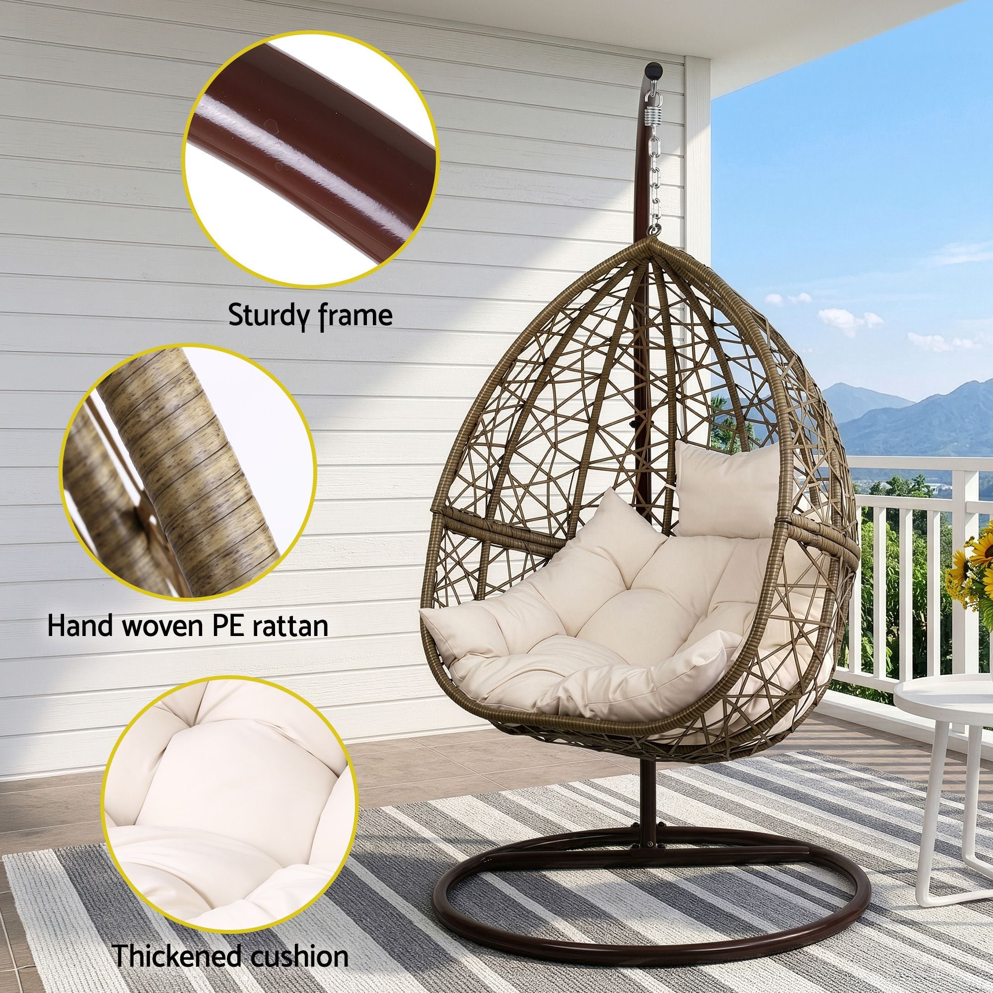Gardeon Outdoor Egg Swing Chair Wicker Rattan Furniture Pod Stand Cushion Latte-Swing Chairs-PEROZ Accessories