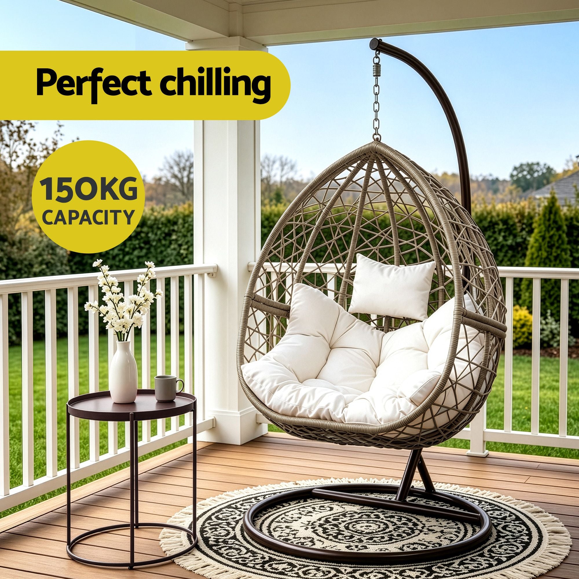 Gardeon Outdoor Egg Swing Chair Wicker Rattan Furniture Pod Stand Cushion Latte-Swing Chairs-PEROZ Accessories
