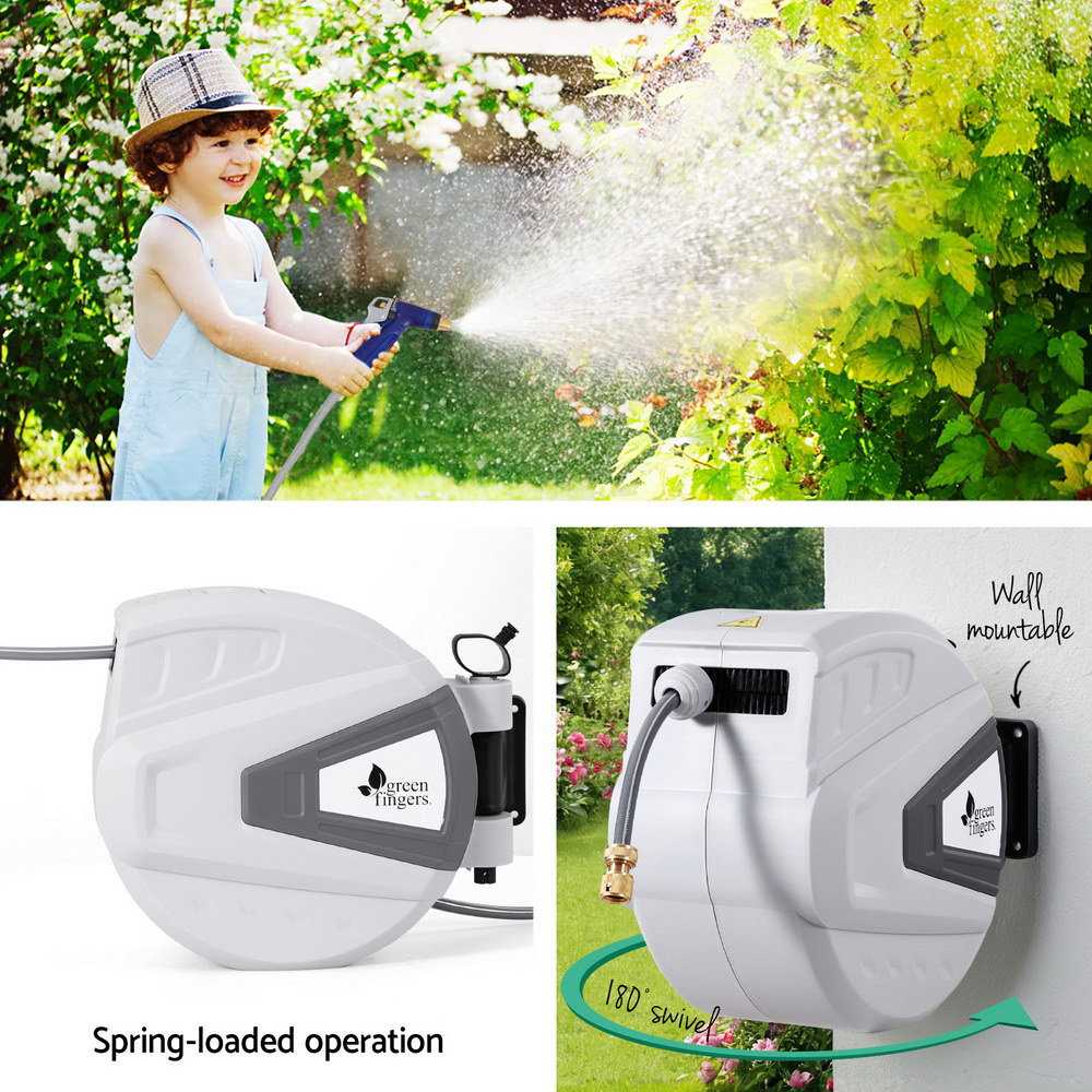 Green Fingers 30M Water Hose Reel Retractable Auto Rewind Wall Mount Garden Spray Gun-Home & Garden > Garden Tools > Garden Hoses-PEROZ Accessories