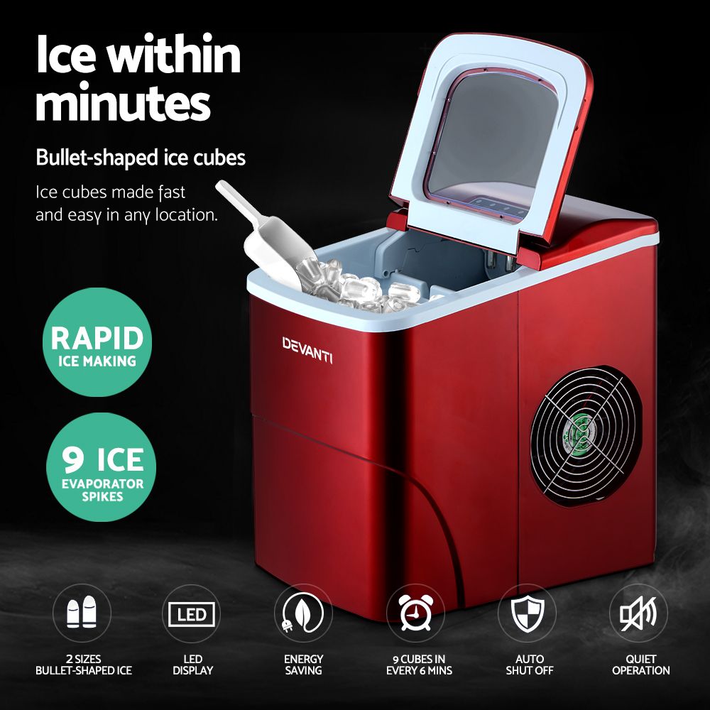 Devanti 12kg Ice Maker Machine Red-Ice Makers-PEROZ Accessories