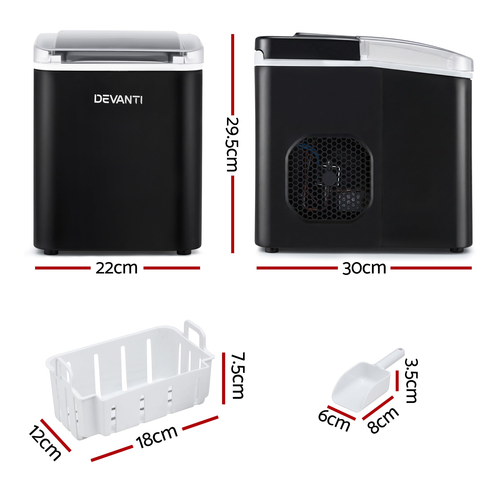 Devanti Ice Maker Machine Portable 12kg Countertop w/Self Cleaning 1.2L Black-Appliances > Kitchen Appliances > Ice Makers-PEROZ Accessories