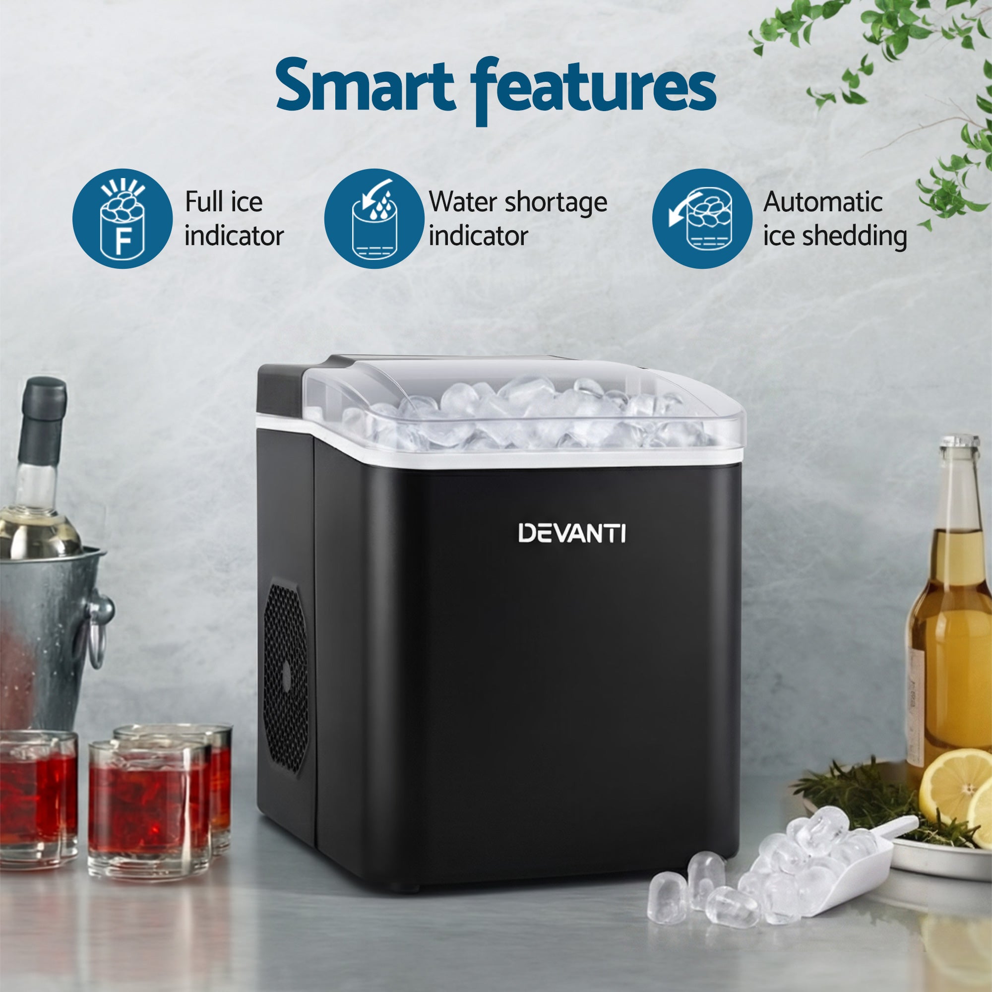 Devanti Ice Maker Machine Portable 12kg Countertop w/Self Cleaning 1.2L Black-Appliances > Kitchen Appliances > Ice Makers-PEROZ Accessories