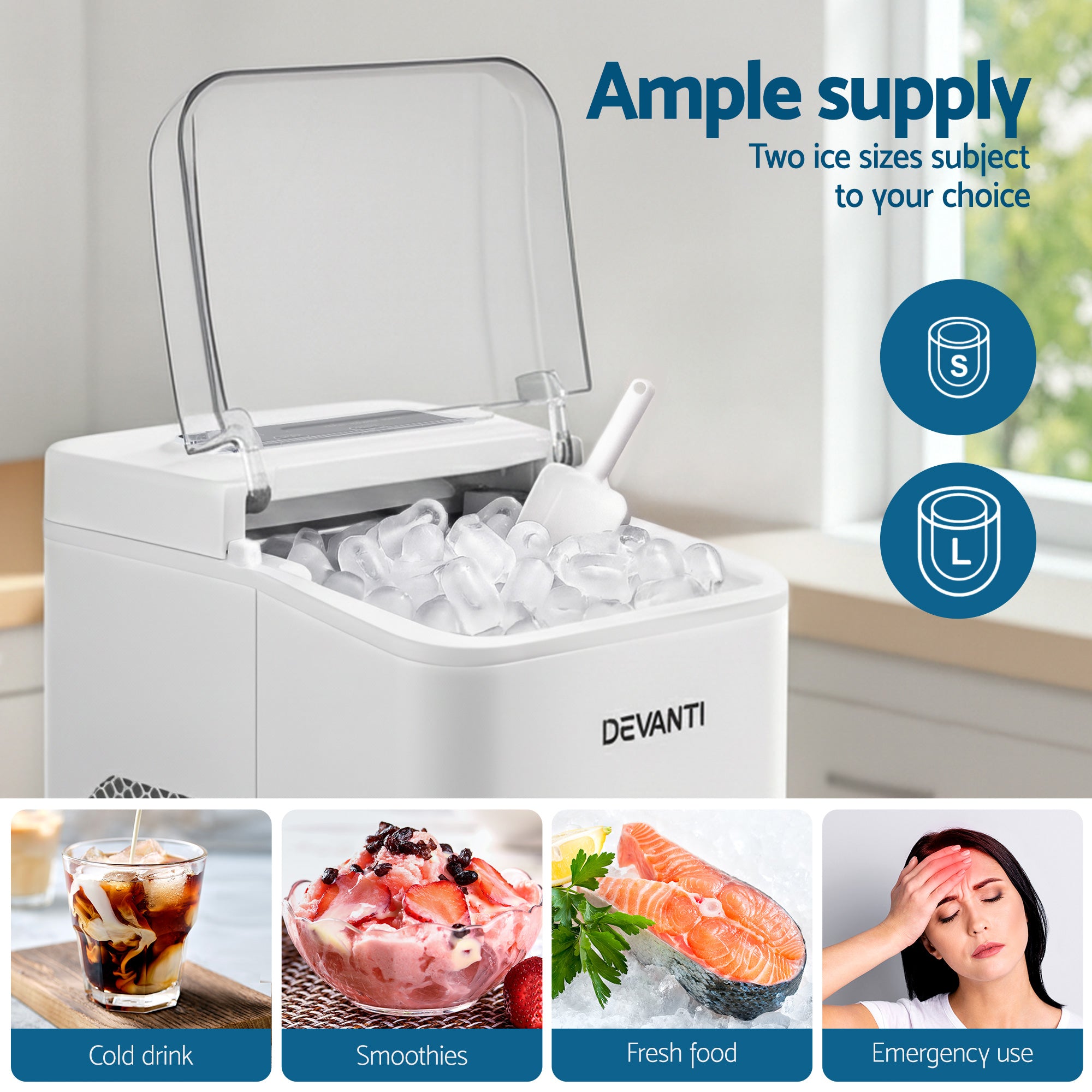 Devanti Ice Maker Machine Portable 12kg Countertop w/Self Cleaning 1.2L White-Appliances > Kitchen Appliances > Ice Makers-PEROZ Accessories