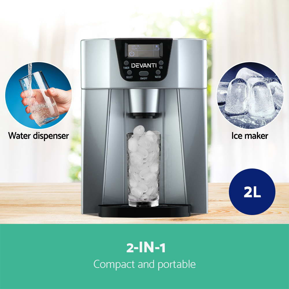 Devanti 2L Portable Ice Cuber Maker & Water Dispenser - Silver-Ice Makers-PEROZ Accessories