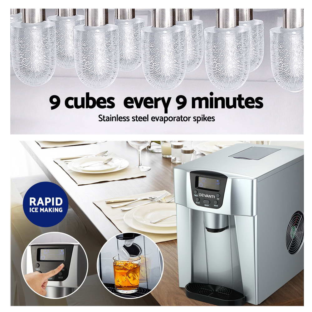 Devanti 2L Portable Ice Cuber Maker & Water Dispenser - Silver-Ice Makers-PEROZ Accessories