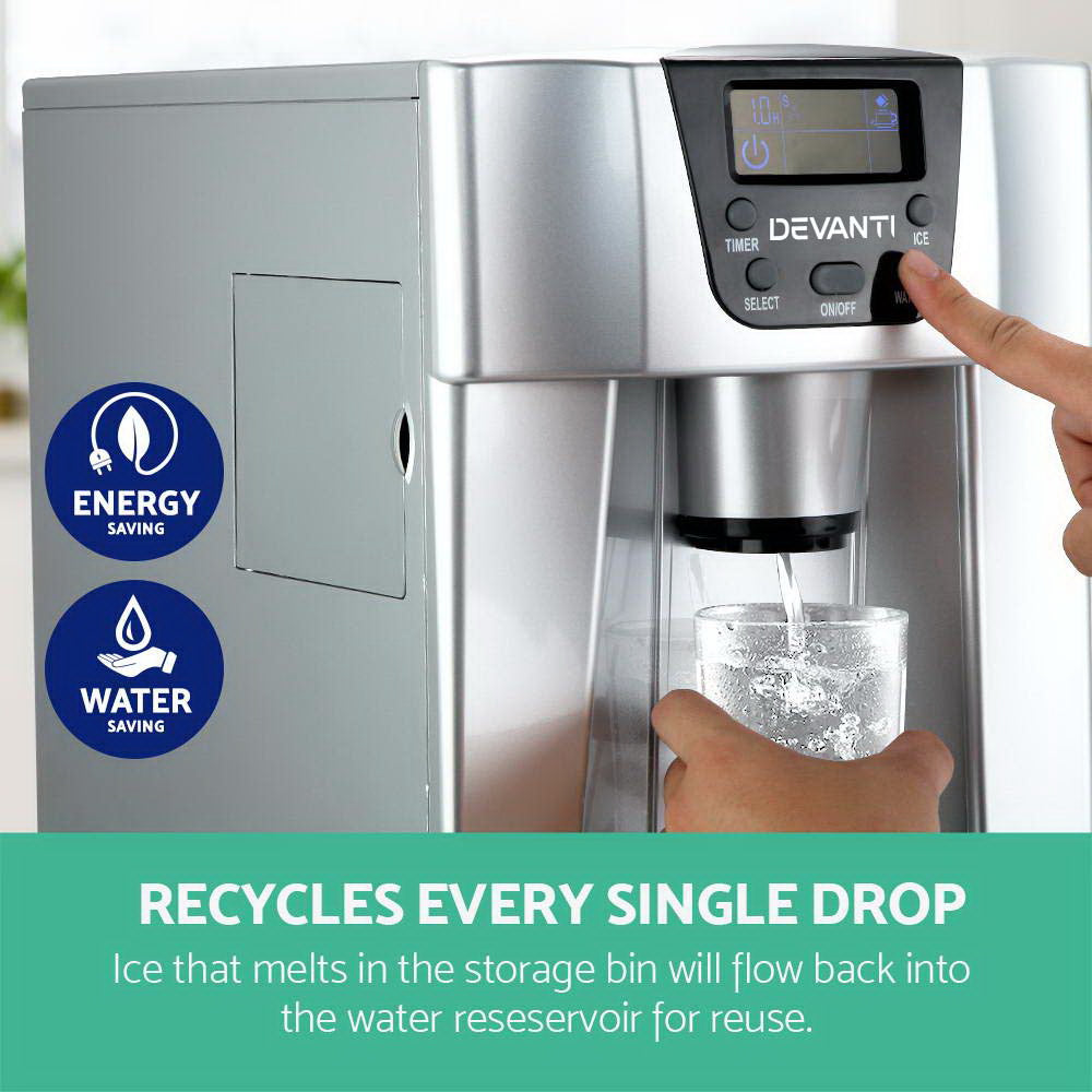 Devanti 2L Portable Ice Cuber Maker & Water Dispenser - Silver-Ice Makers-PEROZ Accessories