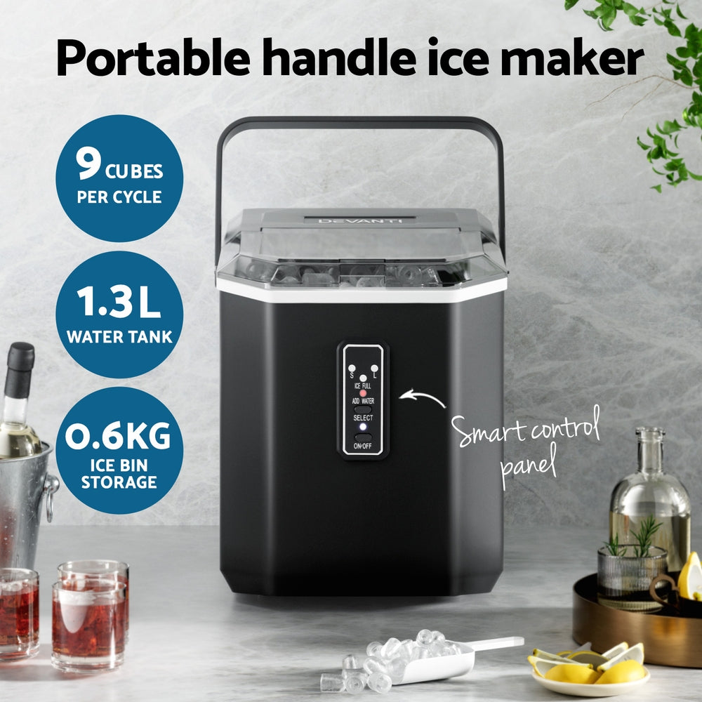 Devanti 12kg Ice Maker Machine 1.3L w/Scoop Holder Black-Appliances > Kitchen Appliances > Ice Makers-PEROZ Accessories