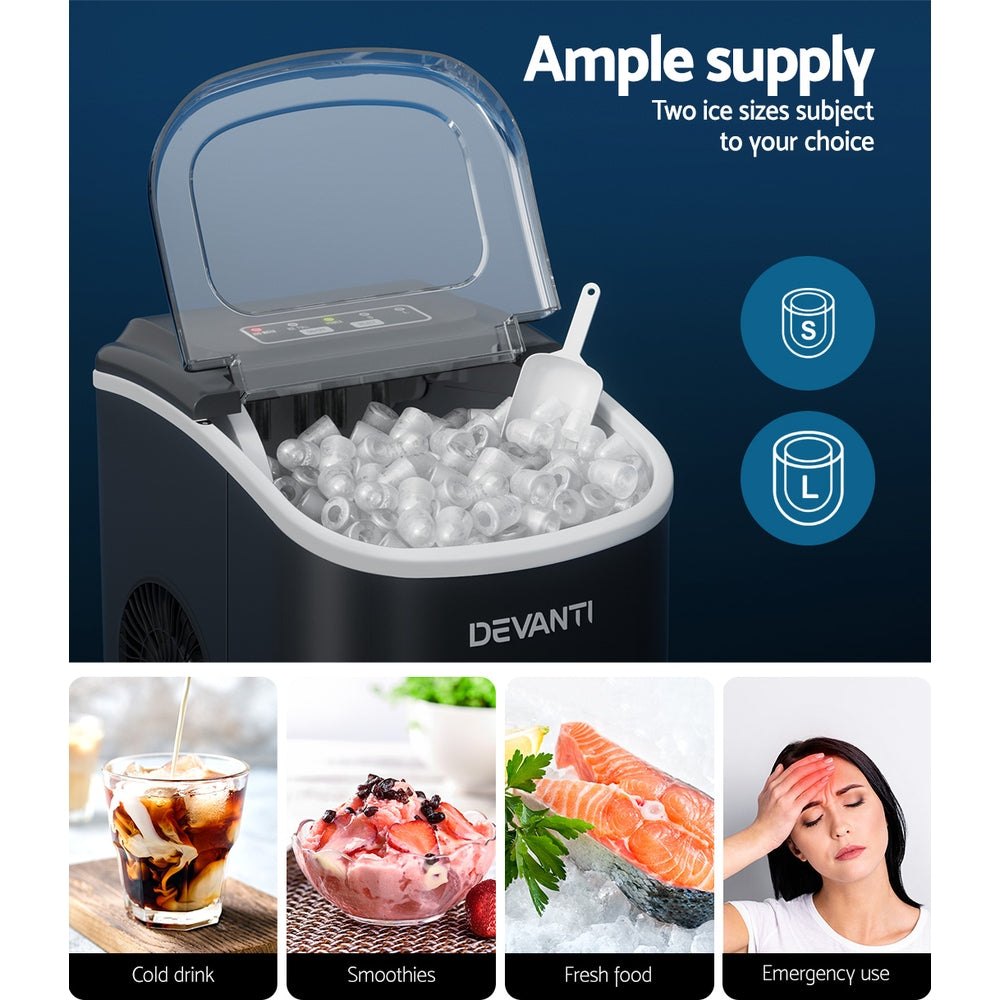 Devanti Portable Ice Maker Machine Ice Cube Tray 12kg Bar Countertop Black-Appliances > Kitchen Appliances-PEROZ Accessories