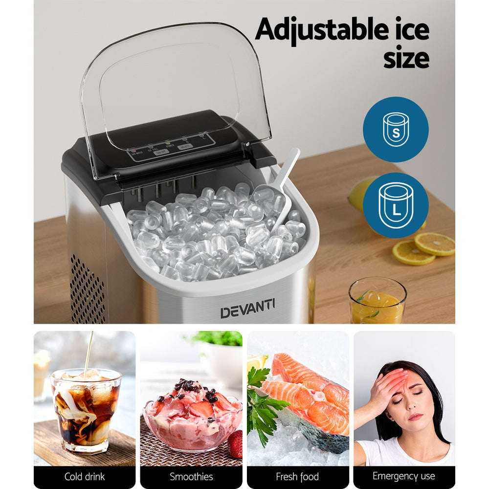 Devanti 12kg Ice Maker Machine w/Self Cleaning Silver-Appliances > Kitchen Appliances-PEROZ Accessories