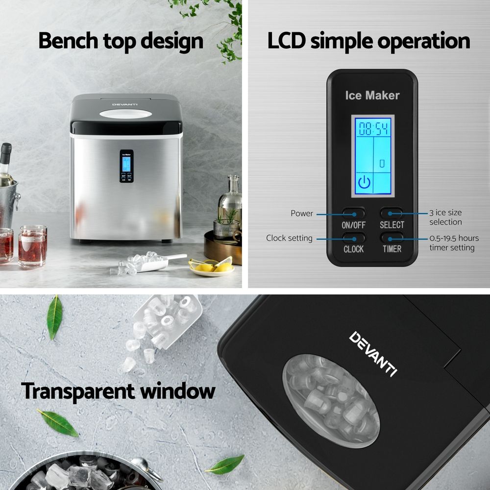 Devanti 3.2L Stainless Steel Portable Ice Cube Maker-Ice Makers-PEROZ Accessories