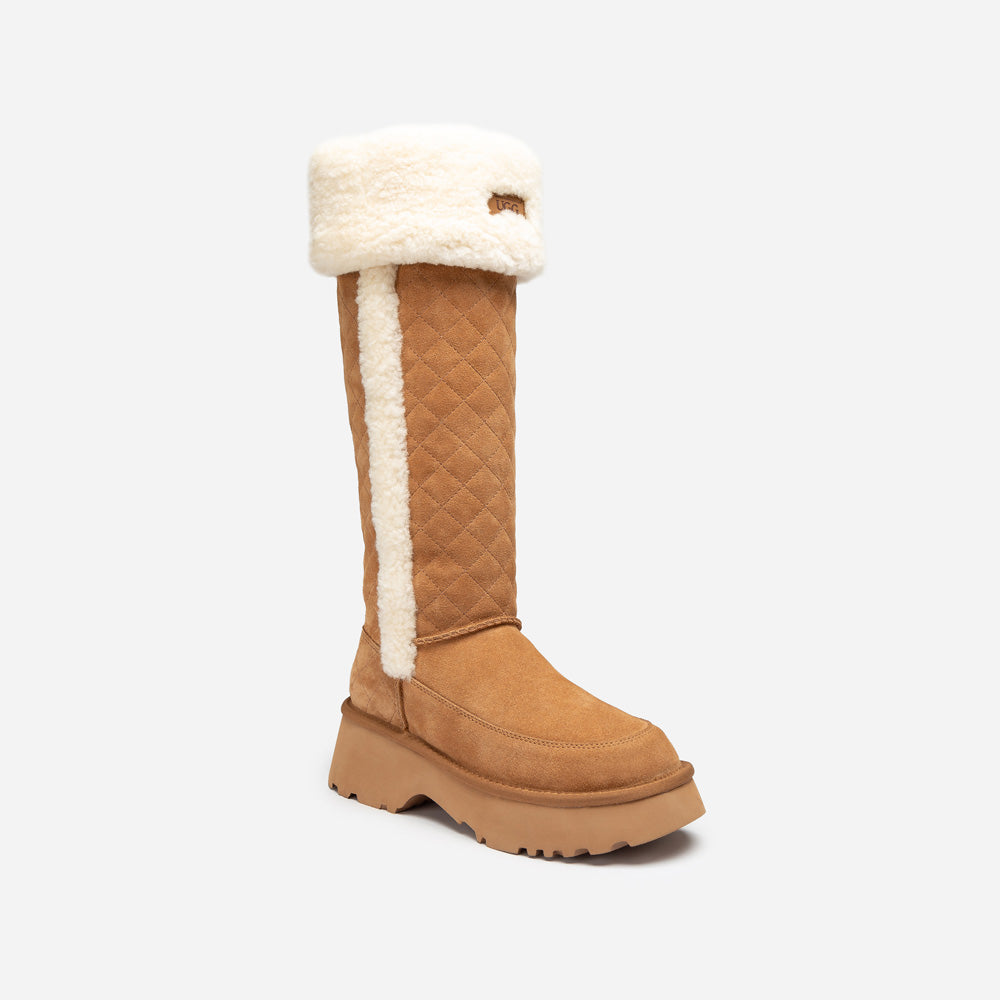 Chestnut knee-high UGG boot with white fur lining