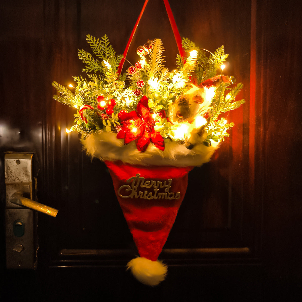 Illuminated Santa Hat Door Hanger with Holiday Greenery & Berries - Christmas Wall Decor(red)-Occasions > Christmas > Christmas Decorations-PEROZ Accessories