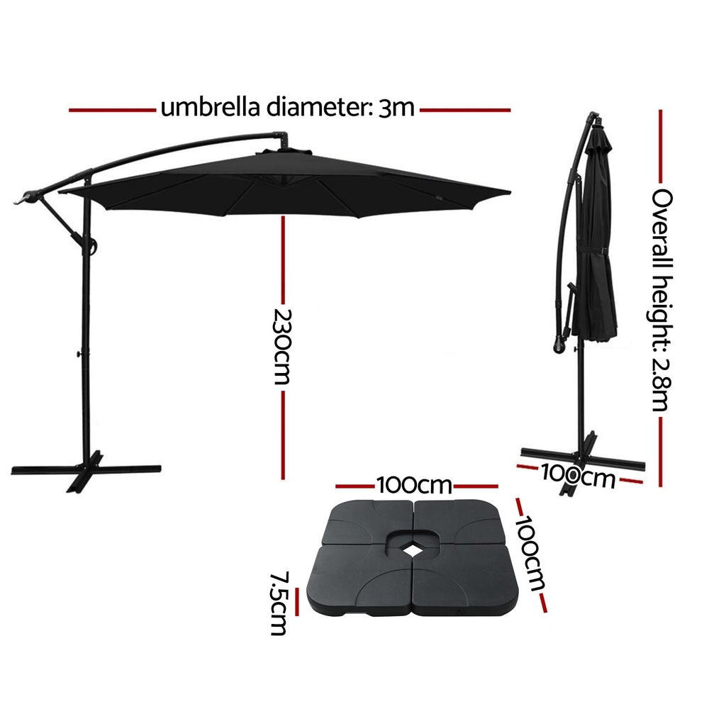 Instahut 3m Umbrella w/Base Outdoor Cantilever Beach Garden Patio Parasol Black-Home & Garden > Shading > Umbrellas & Sunshades-PEROZ Accessories