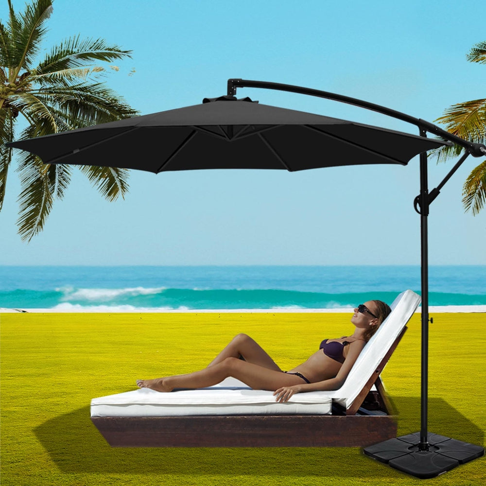 Instahut 3m Umbrella w/Base Outdoor Cantilever Beach Garden Patio Parasol Black-Home & Garden > Shading > Umbrellas & Sunshades-PEROZ Accessories