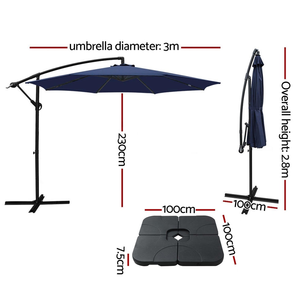 Instahut 3m Umbrella w/Base Outdoor Cantilever Beach Garden Patio Parasol Navy-Home & Garden > Shading > Umbrellas & Sunshades-PEROZ Accessories