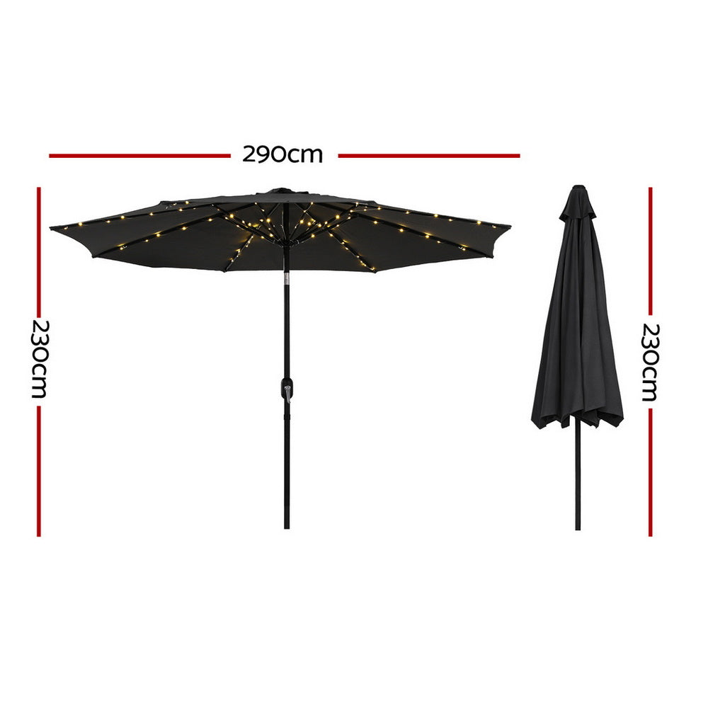 Instahut Outdoor Umbrella 2.9m Market Umbrella with String Light Tilt Black-Home & Garden > Shading > Umbrellas & Sunshades-PEROZ Accessories