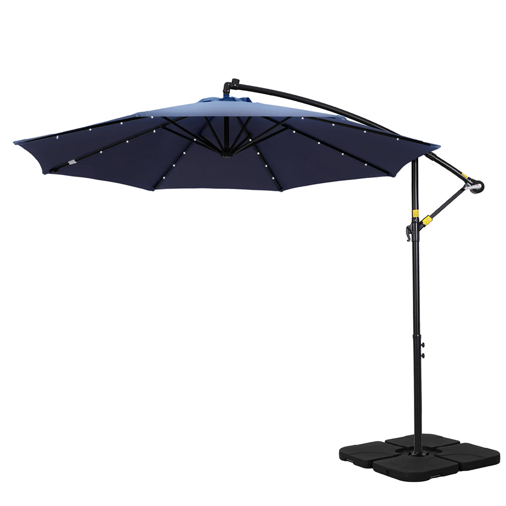 Instahut Outdoor Umbrella 3M Cantilever Beach LED w/Base Garden Shade Patio Navy-Home & Garden > Shading > Umbrellas & Sunshades-PEROZ Accessories