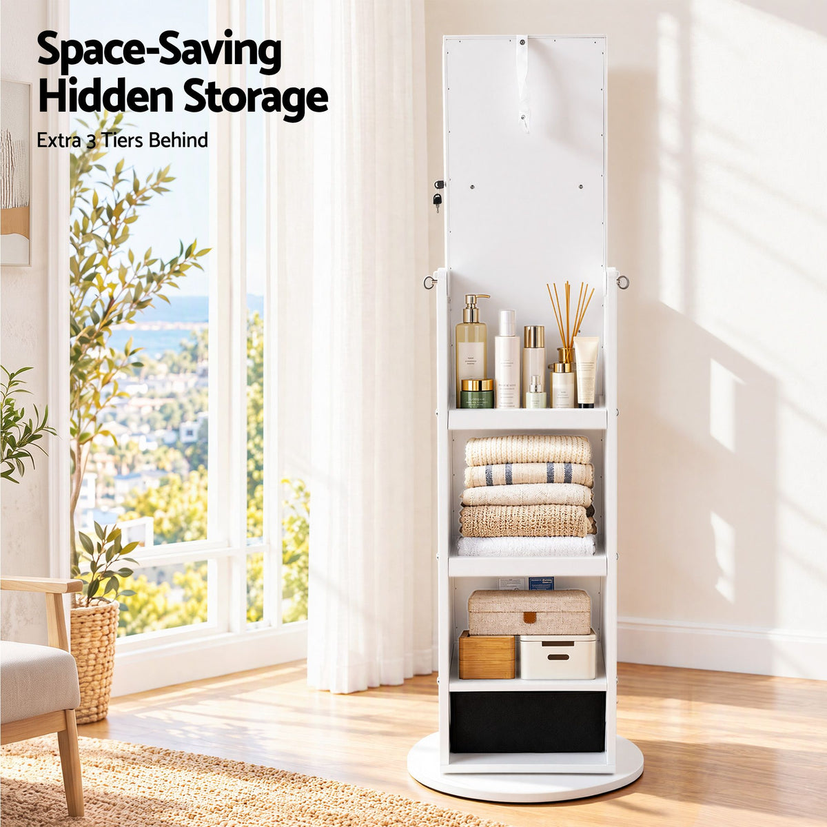 Artiss 360° Rotating Jewelry Cabinet Full Length Mirror, White-Furniture > Office > Storage Cabinets-PEROZ Accessories