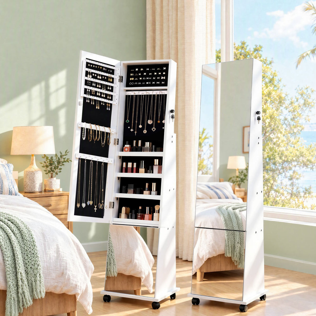 Artiss Jewelry Cabinet Frameless Full Length Mirror with Wheels, White-Furniture > Office > Storage Cabinets-PEROZ Accessories