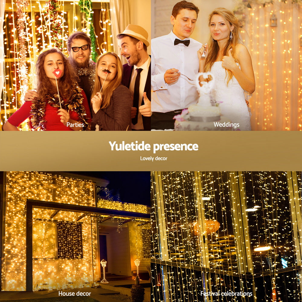 Jingle Jollys 3X3M Christmas Lights Curtain String Light 300 LED Warm White-Occasions > Christmas > Outdoor Decorations & Lights-PEROZ Accessories