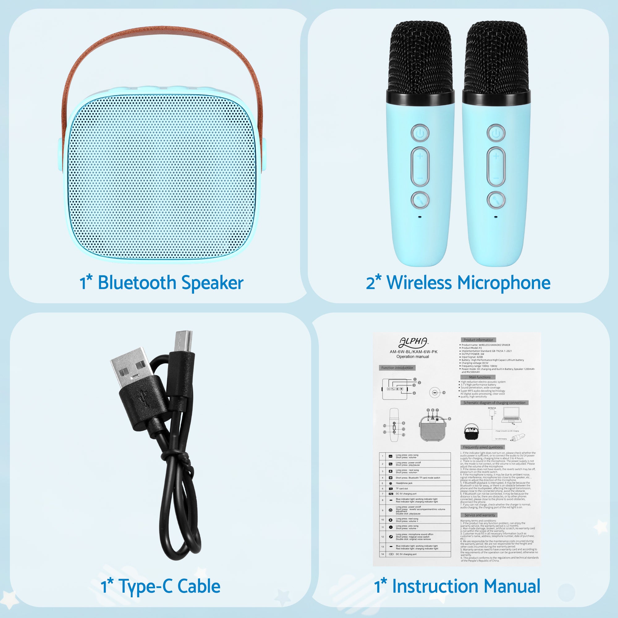 Alpha Mini Portable Karaoke Machine for Adults Kids with 2 Wireless Microphones-Audio & Video > Speakers > Bluetooth Speakers-PEROZ Accessories