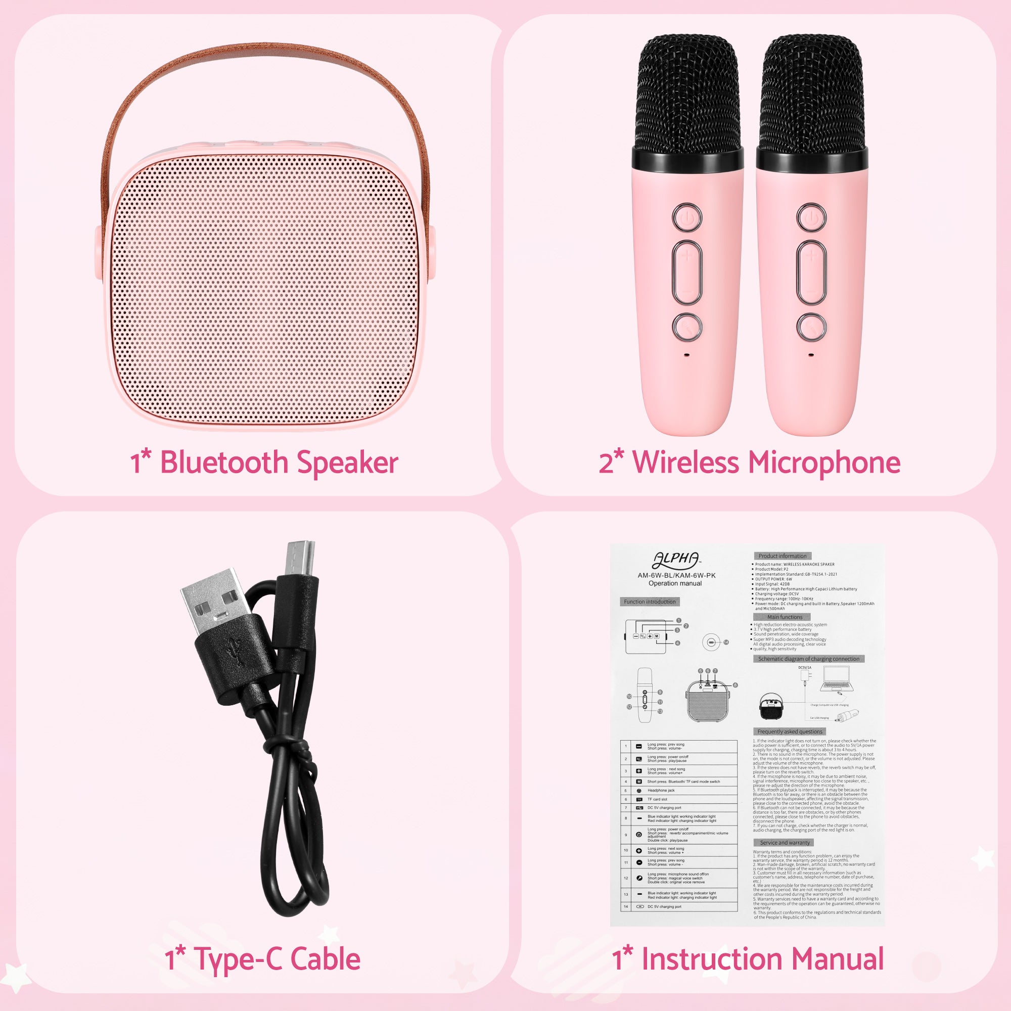 Alpha Mini Portable Karaoke Machine for Adults Kids with 2 Wireless Microphones-Audio & Video > Speakers > Bluetooth Speakers-PEROZ Accessories