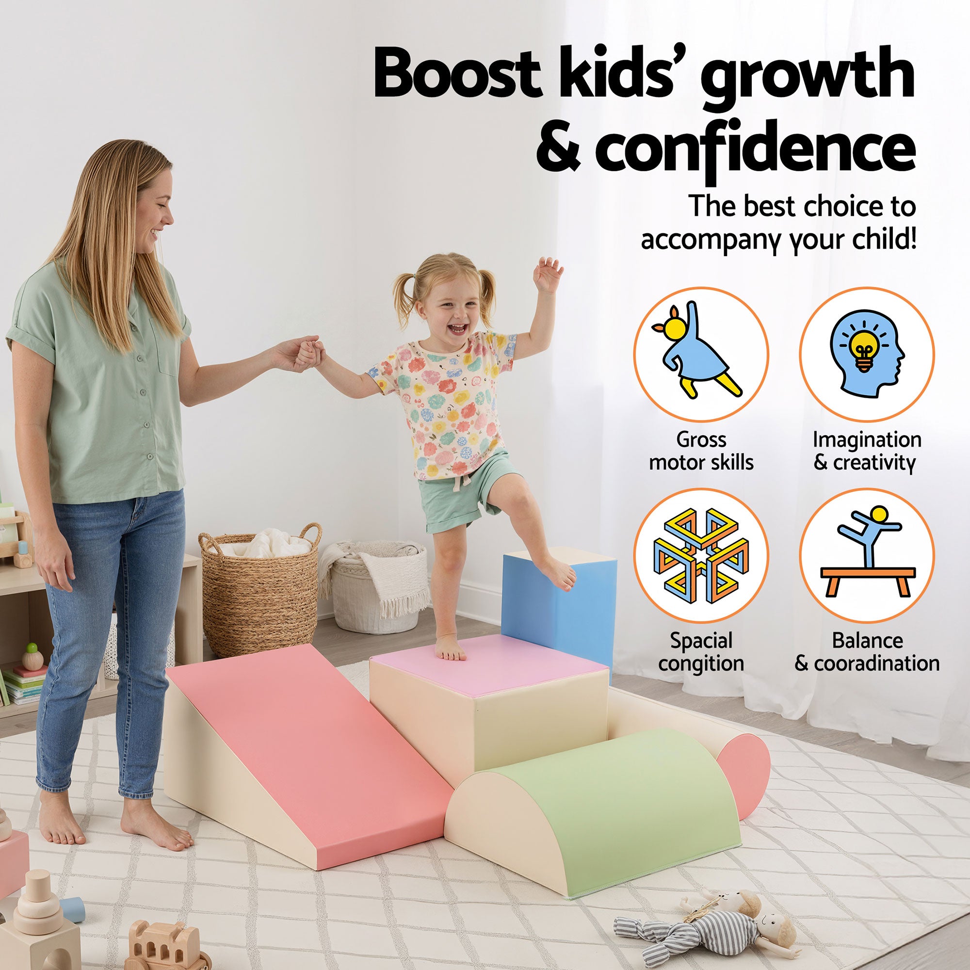 Keezi Kids Climbing Blocks 5-Piece Foam Toddler Playset Soft Indoor Climbing Toy Rocker-Baby & Kids > Baby & Kid&
